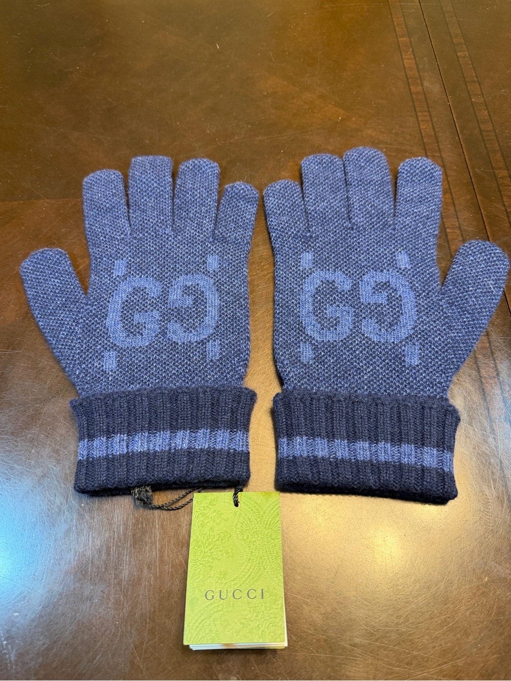 New Authentic Gucci GG Logo Cashmere Gloves Blue Size L